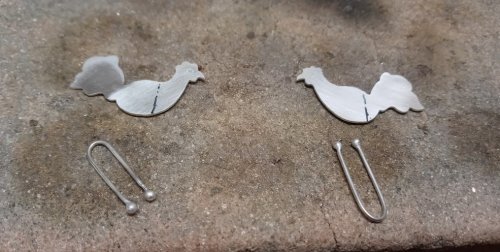 Judy Larson's Three French Hens Earrings - , Holiday Designs, Sawing, Saw, Wire Saw, Texturing, Butane Torch, Soldering, Solder, three french hens earrings